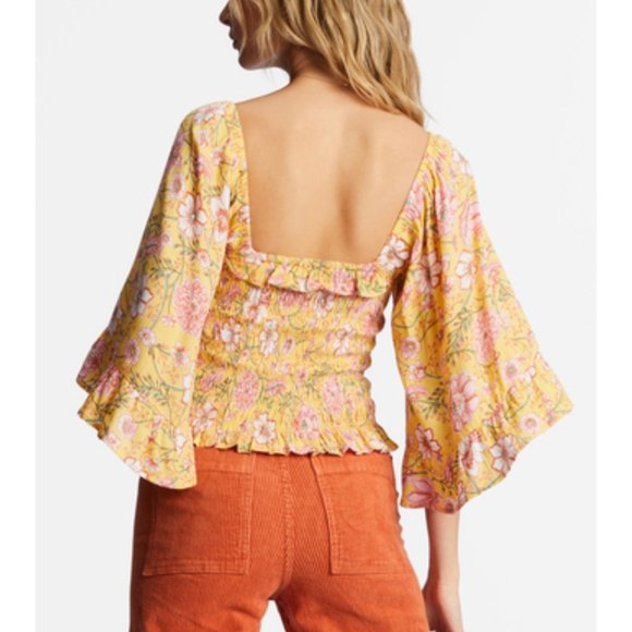 BILLABONG Be My Babe Crop Top Sz L Yellow Floral Bell Sleeve Square Neck Viscose - Picture 3 of 11